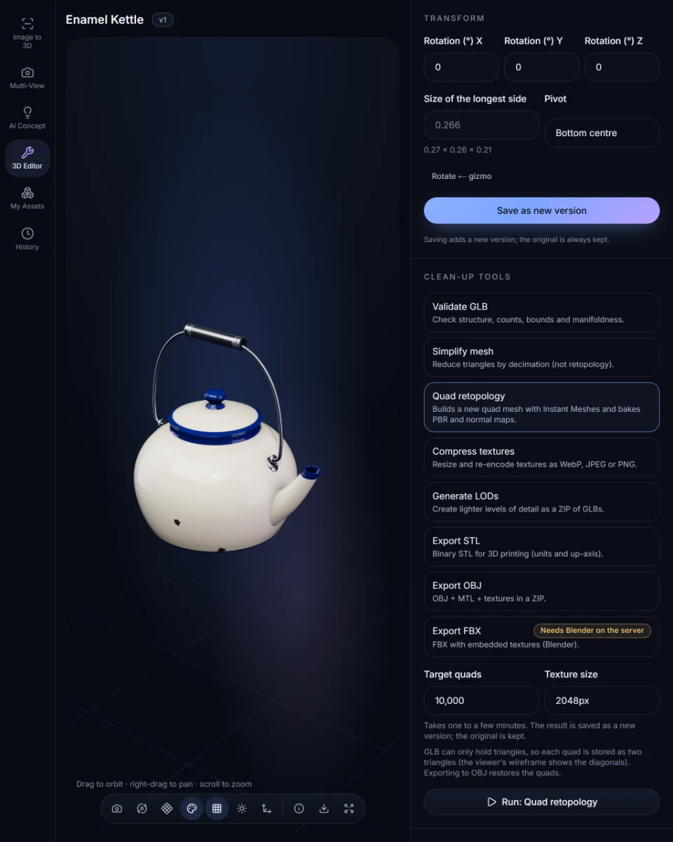 The 3D Editor in the NEF 3D studio with the Enamel Kettle sample loaded and Quad retopology selected.